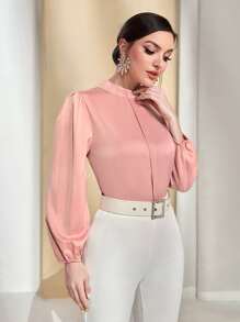 Modelyn Mock Neck Lantern Sleeve Top - Coral Pink - View 1