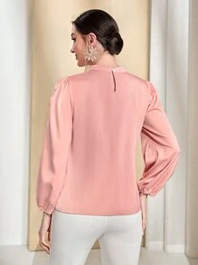 Modelyn Mock Neck Lantern Sleeve Top - Coral Pink - View 2