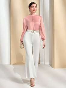 Modelyn Mock Neck Lantern Sleeve Top - Coral Pink - View 3