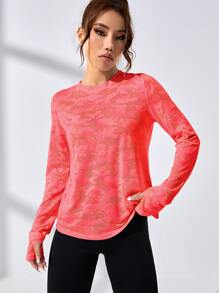 Easithlete Áo thun thể thao dài tay hở ngón cái in họa tiết camo - Màu Hồng  San hô - Xem 2