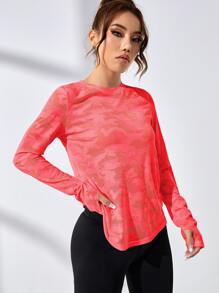 Easithlete Áo thun thể thao dài tay hở ngón cái in họa tiết camo - Màu Hồng  San hô - Xem 4