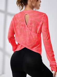 Easithlete Áo thun thể thao dài tay hở ngón cái in họa tiết camo - Màu Hồng  San hô - Xem 5