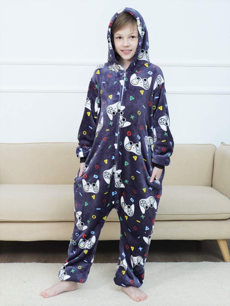 男孩幾何和卡通圖案連帽連體睡衣