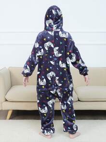 男孩幾何和卡通圖案連帽連體睡衣