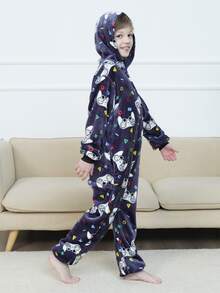 男孩幾何和卡通圖案連帽連體睡衣