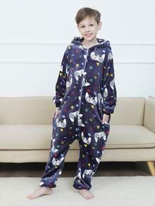 男孩幾何和卡通圖案連帽連體睡衣