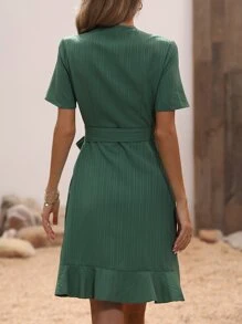 SHEIN LUNE Vestido cruzado unicolor bajo con fruncido con cinturón - Verde - Ver 2