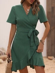 SHEIN LUNE Vestido cruzado unicolor bajo con fruncido con cinturón - Verde - Ver 3