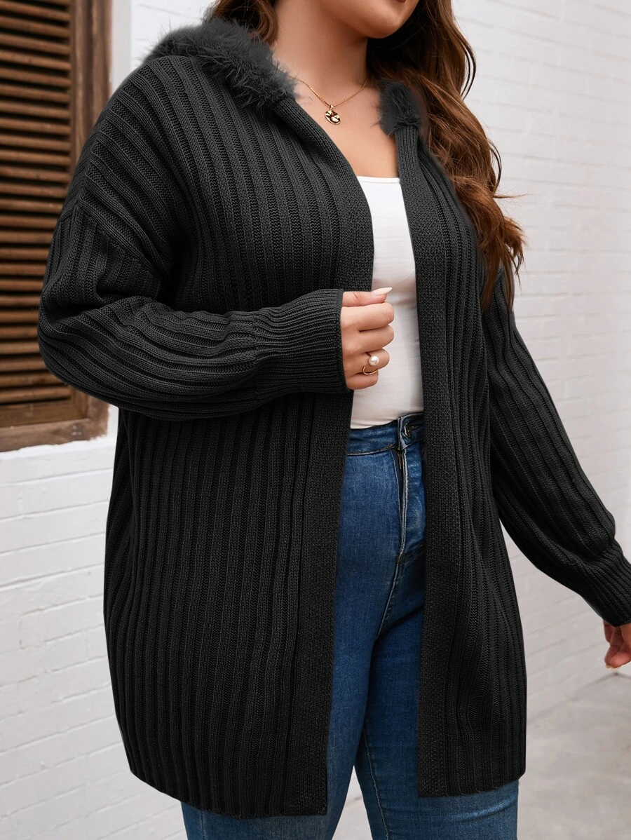 SHEIN LUNE Plus Fuzzy Trim Drop Shoulder Hooded Cardigan - Black - View 1