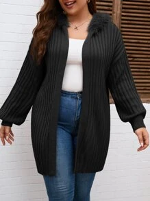 SHEIN LUNE Plus Fuzzy Trim Drop Shoulder Hooded Cardigan - Black - View 3