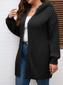 SHEIN LUNE Plus Fuzzy Trim Drop Shoulder Hooded Cardigan - Black - View 4