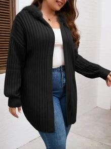 SHEIN LUNE Plus Fuzzy Trim Drop Shoulder Hooded Cardigan - Black - View 5