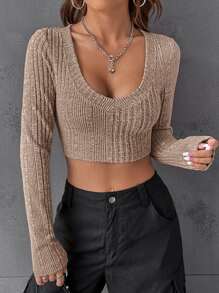 SHEIN EZwear 條紋針織短款T恤 - 摩卡棕 - 查看 1