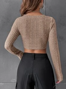 SHEIN EZwear 條紋針織短款T恤 - 摩卡棕 - 查看 4