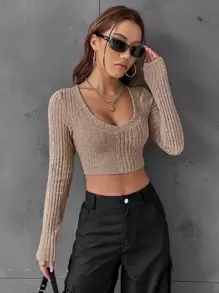 SHEIN EZwear 條紋針織短款T恤 - 摩卡棕 - 查看 5