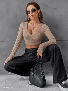 SHEIN EZwear 條紋針織短款T恤 - 摩卡棕 - 查看 6
