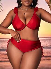 Conjunto De Bikini De Cintura Alta Con Aros Y Ribete De Volantes De Talla Grande Para Playa De Verano