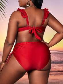 Conjunto De Bikini De Cintura Alta Con Aros Y Ribete De Volantes De Talla Grande Para Playa De Verano