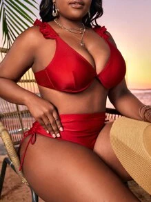 Conjunto De Bikini De Cintura Alta Con Aros Y Ribete De Volantes De Talla Grande Para Playa De Verano