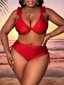 Conjunto De Bikini De Cintura Alta Con Aros Y Ribete De Volantes De Talla Grande Para Playa De Verano