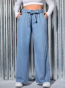 SHEIN EZwear Quần Denim kích thước lớn Thắt lưng Túi Quần paper-bag màu trơn - Rửa nhẹ - Xem 1