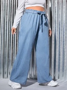 SHEIN EZwear Quần Denim kích thước lớn Thắt lưng Túi Quần paper-bag màu trơn - Rửa nhẹ - Xem 3