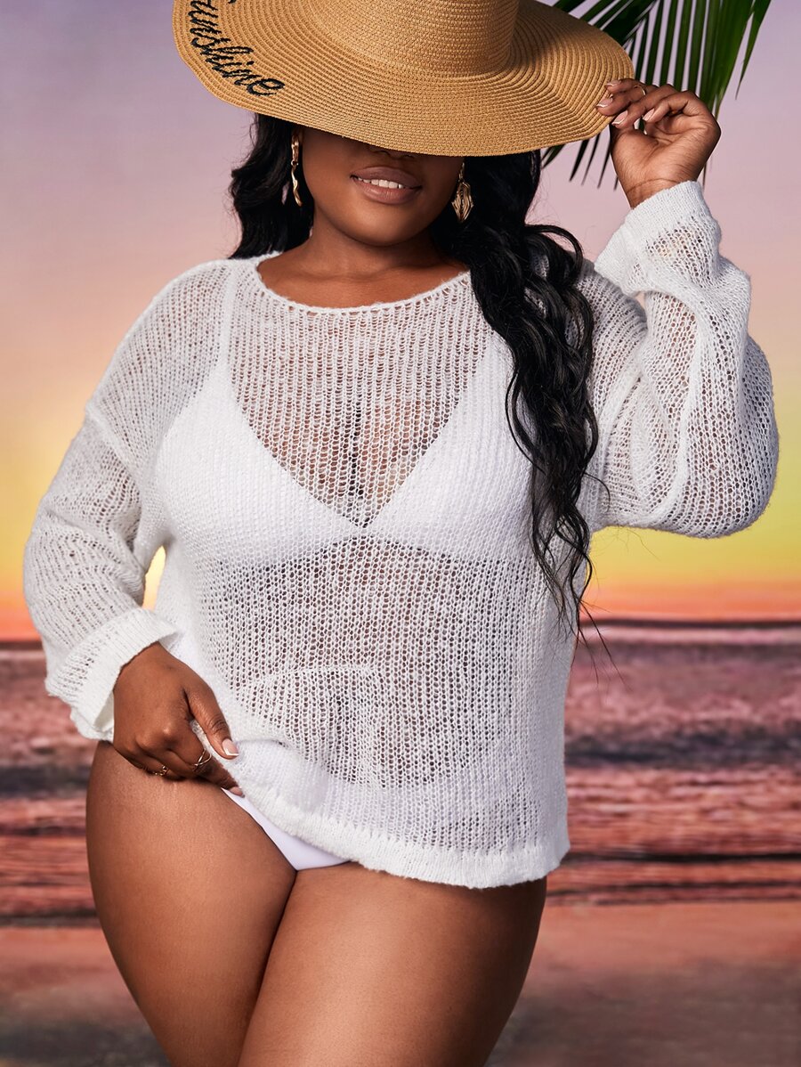 Plus Hollow Out Drop Shoulder Cover Up Without Bikini - White - View 1