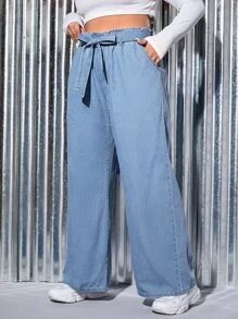 SHEIN EZwear Quần Denim kích thước lớn Thắt lưng Túi Quần paper-bag màu trơn - Rửa nhẹ - Xem 5