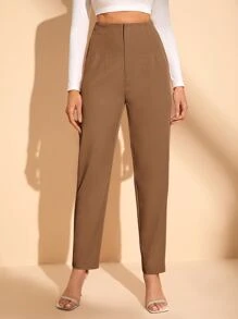 SHEIN BAE Solid High Waist Trousers - Khaki - View 1