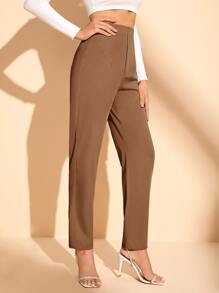 SHEIN BAE Solid High Waist Trousers - Khaki - View 3