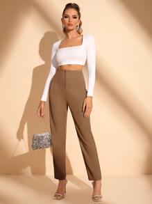 SHEIN BAE Solid High Waist Trousers - Khaki - View 5