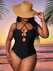 Plus Cut Out Crisscross Tie Backless Halter One Piece Swimsuit - Black - View 1