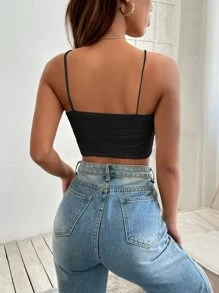 SHEIN PETITE 素色不對稱領短款上衣 - 黑色 - 查看 2