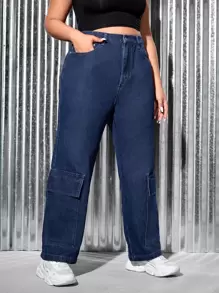 SHEIN Plus Washed Flap Pocket Cargo Jeans - Dark Wash - View 1