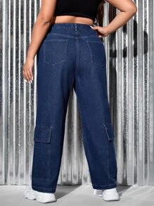 SHEIN Plus Washed Flap Pocket Cargo Jeans - Dark Wash - View 2