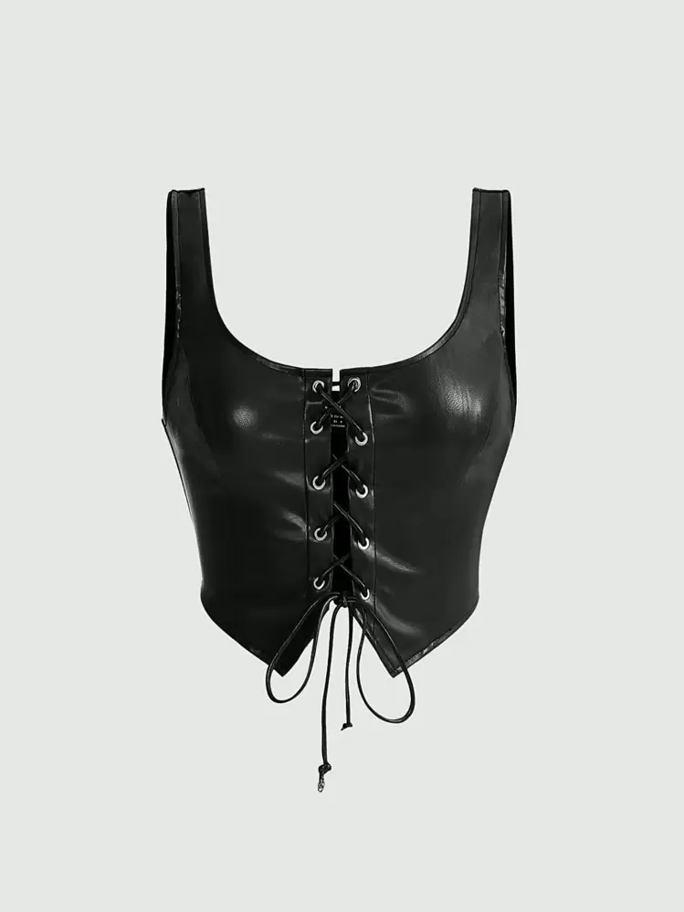 SHEIN MOD タンクトップ レースアップ クロスデザイン レザー調 Pu 製 黒色 - ブラック - 見る 1