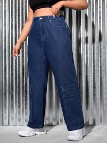 SHEIN Plus Washed Flap Pocket Cargo Jeans - Dark Wash - View 4