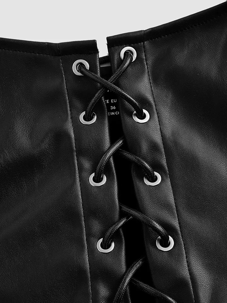 SHEIN MOD タンクトップ レースアップ クロスデザイン レザー調 Pu 製 黒色 - ブラック - 見る 3