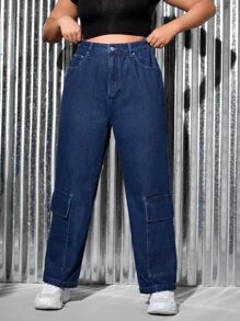 SHEIN Plus Washed Flap Pocket Cargo Jeans - Dark Wash - View 5