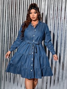 SHEIN Essnce 大碼荷葉邊腰帶牛仔洋裝 - 中等水洗藍 - 查看 1