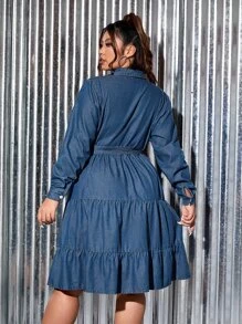 SHEIN Essnce 大碼荷葉邊腰帶牛仔洋裝 - 中等水洗藍 - 查看 2