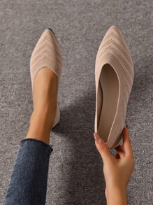 Chevron Pattern Point Toe Ballet Flats - Khaki - View 1
