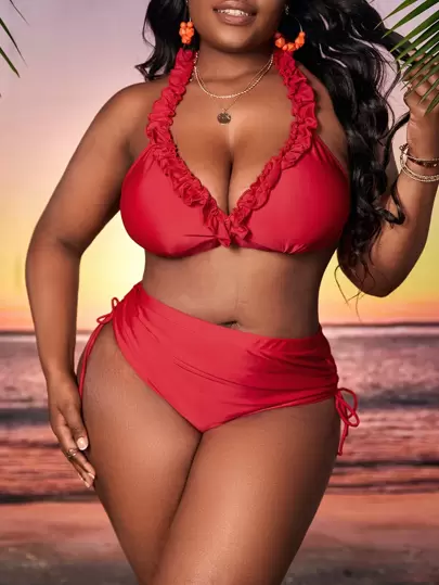 加大尺碼荷葉邊束腰高腰三角泳衣套裝，夏季海灘風