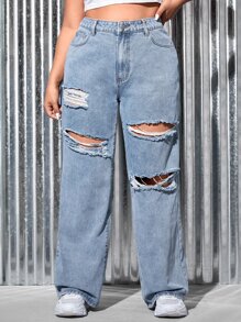SHEIN EZwear Plus Ripped Straight Leg Jeans - Light Wash - View 1