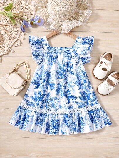 SHEIN 年轻女孩蓝白花卉印花风格夏季假日连衣裙，方形领口和荷叶边袖子