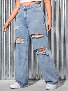 SHEIN EZwear Plus Ripped Straight Leg Jeans - Light Wash - View 3