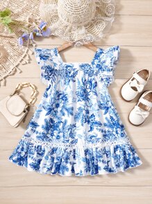 SHEIN Vestido de verano con estampado floral azul y blanco, escote cuadrado y mangas con volantes para niña joven - Azul y blanco - Ver 2