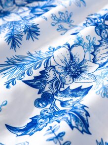 SHEIN Vestido de verano con estampado floral azul y blanco, escote cuadrado y mangas con volantes para niña joven - Azul y blanco - Ver 3