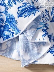 SHEIN Vestido de verano con estampado floral azul y blanco, escote cuadrado y mangas con volantes para niña joven - Azul y blanco - Ver 4