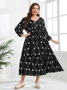 EMERY ROSE Plus Geo Print Lantern Sleeve Ruffle Hem Dress - Black and White - View 3